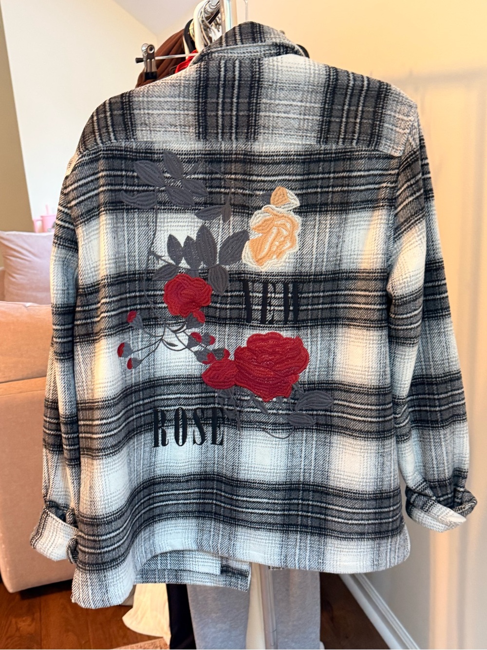 All Saints Black & White Plaid Floral Embroidered Shacket